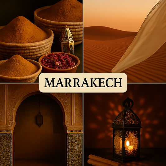 Collage of Marrakech-themed images including spices, desert landscape, architectural detail, and lantern.